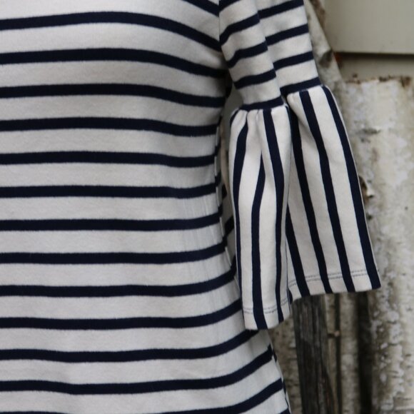 W5 for Anthropologie Blue White Stripe 3/4 Ruffle Sleeve Knit Top Sz SMALL - Picture 3 of 6